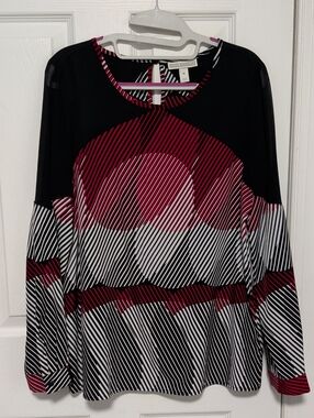 Dana Buchman Black, Burgundy & White Striped Long-Sleeve Top